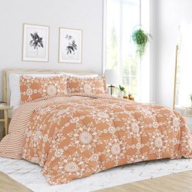 3-Piece Reversible Floral Striped Comforter Set (Color: Clay/White, size: Twin)