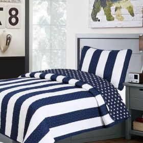 Navy White Stars Stripes 100-Percent Cotton Reversible Quilt Set (size: Twin)