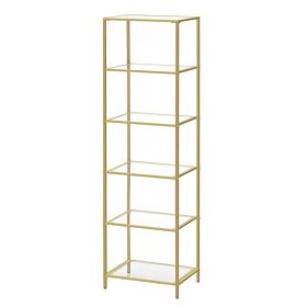 Narrow Gold Metal Frame Glass Bookcase Shelving Unit (size: 6 Tier)