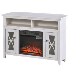 Electric Fireplace Mantel TV Stand w/ Adjustable Shelves 2 Storage Cabinets (Color: White)