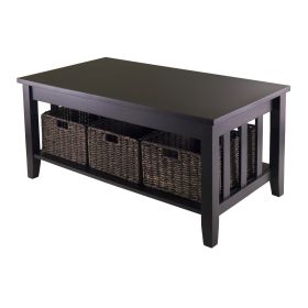 2 Tier Mission Style Coffee Table with 3 Storage Baskets (Color: Dark Wood)