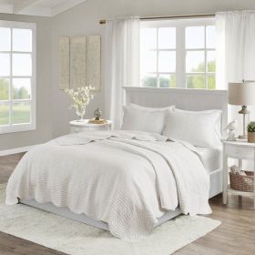 3 Piece Reversible Scalloped Edges Microfiber Quilt Set (Color: White, size: Full/Queen)