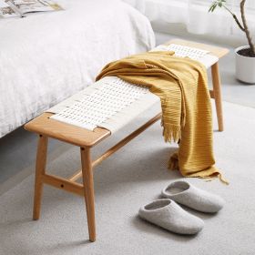 Woven Design Natural Oak Wood Dining Bench Bed Bench for Dining Room, Bedroom, Bathroom (Color: White)