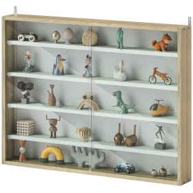 5-Tier Display Cabinet, Wall-Mounted Display Case with 2 Glass Doors and Adjustable Shelves (Color: Oak and White)